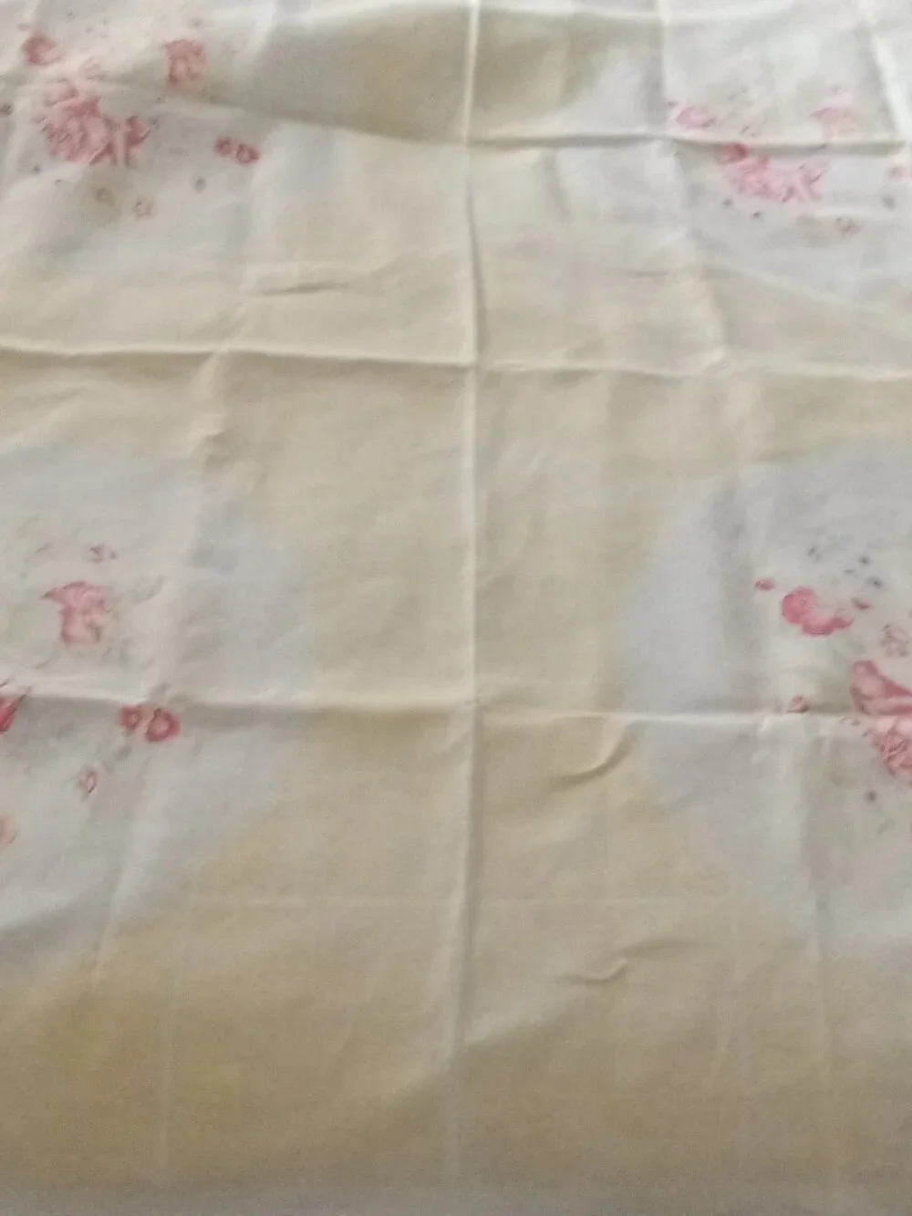 Vintage Floral Linen Tablecloth Pale Yellow With Pink Roses
